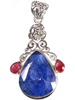 Faceted Blue Sapphire Pendant with Ruby