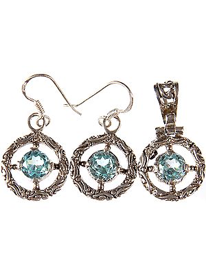 Faceted Blue Topaz Pendant with Matching Earrings Set
