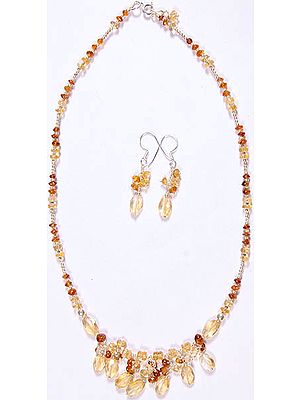 Faceted Citrine and Amber Dust Necklace with Matching Earrings Set
