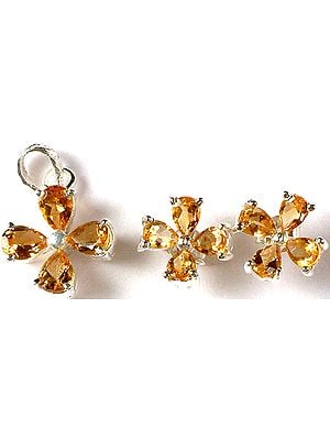 Faceted Citrine Flower Pendant with Matching Earrings Set