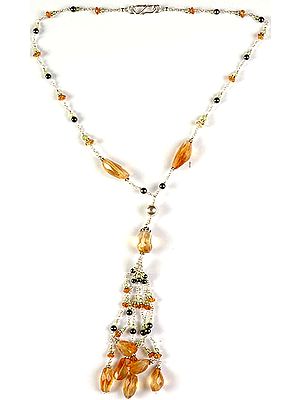 Faceted Citrine, Peridot and Black Pearl Necklace with Charm