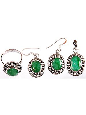 Faceted Emerald Pendant, Earrings and Ring Set