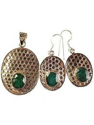 Faceted Emerald Pendant with Pearl and Matching Earrings Set