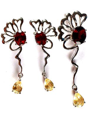 Faceted Garnet and Citrine Pendant with Matching Earrings Set