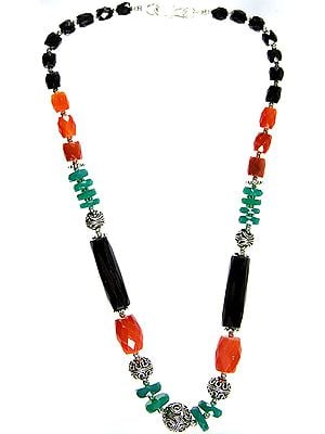 Faceted Gemstone Beaded Necklace (Black Onyx, Carnelian and Green Onyx)