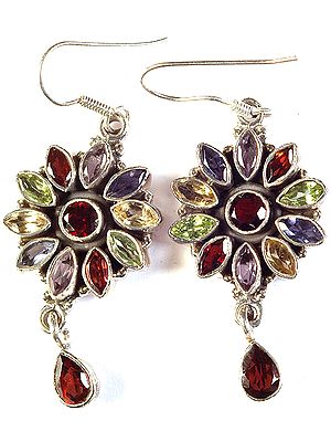 Faceted Gemstone Blooming Flower Earrings with Charms (Garnet, Citrine, Iolite, Amethyst and Peridot)