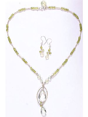 Faceted Gemstone Necklace with Matching Earrings Set (Green Amethyst, Prehnite and Peridot)