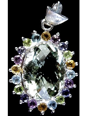 Faceted Gemstone Oval Pendant<br>(Citrine, BT, Peridot, Iolite, Amethyst with Central Green Amethyst)