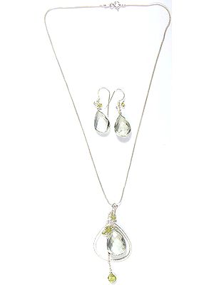 Faceted Green Amethyst and Peridot Necklace with Matching Earrings Set