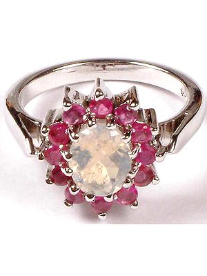 Faceted Rainbow Moonstone & Ruby Ring