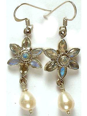 Faceted Rainbow Moonstone Flower with Dangling Pearl