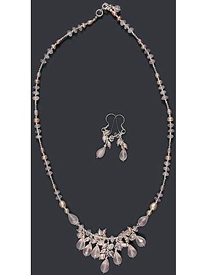 Faceted Rose Quartz and Pearl Necklace with Matching Earrings Set