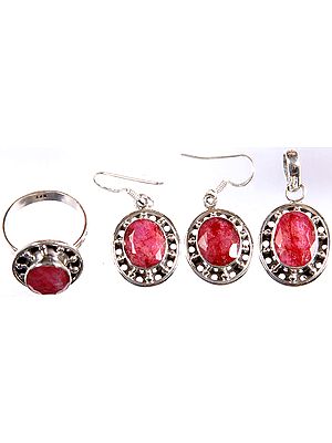 Faceted Ruby Pendant, Earrings and Ring Set