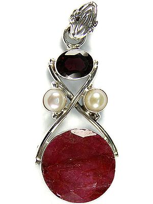 Faceted Ruby Pendant with Garnet and Twin Pearl