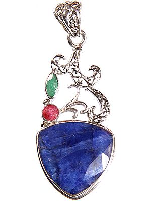 Faceted Sapphire Pendant with Ruby and Emerald
