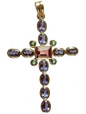 Faceted Water Sapphire & Tourmaline Cross Pendant