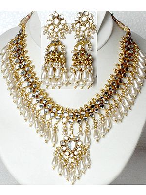 Faux Pearl Shower Kundan Necklace with Earrings Set