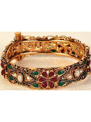 Faux Ruby, Emerald and Pearl Polki Kangan with Screw Clasp