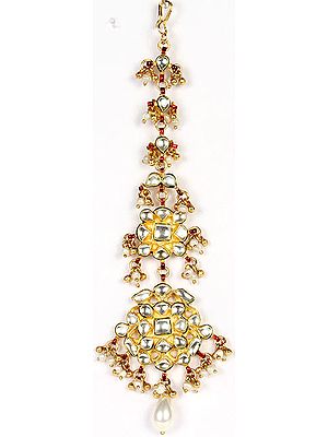 Faux-Pearl Thewa Kundan Tika (Forehead Ornament)