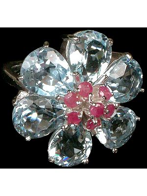 Fine Cut Blue Topaz & Ruby Flower