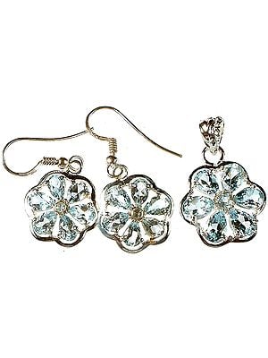 Fine Cut Blue Topaz Flower Pendant with Earrings Set