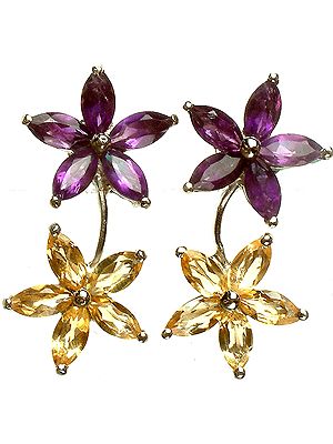 Fine Cut Gemstone Flower Earrings (Amethyst and Citrine)