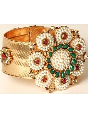Floral Polki Cuff Bracelet with Faux Pearls