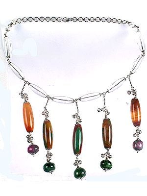Fluorite and Ruby Zoisite Dangling Necklace with Crystal | Sterling Silver Necklaces