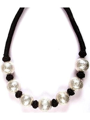 Frosted Sterling Balls Necklace with Black Cord