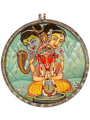 Ganesha Offering Prayer to Shiva Linga and Shiva Parvati Bless Him