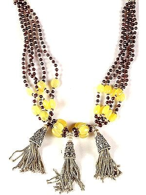 Garnet and Yellow Chalcedony Beaded Necklace with Sterling Showers