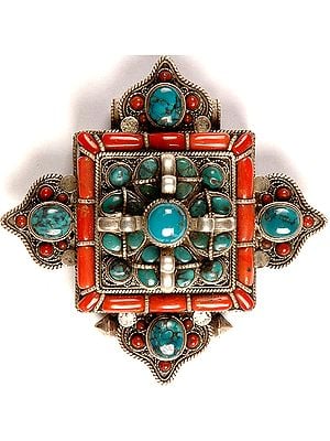 Gau Box Mandala Pendant with Coral, Turquoise and Vishva Vajra