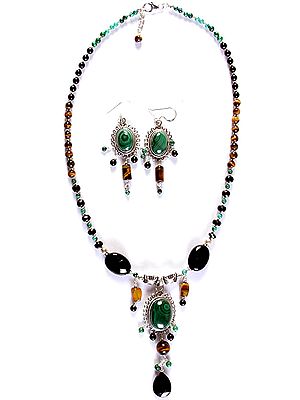 Gemstone Beaded Necklace with Charms and Earrings Set (Malachite, Black Onyx and Tiger Eye)