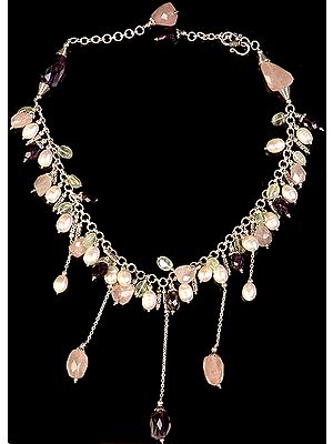Charming Gemstone Necklace (Rose Quartz, Amethyst, Aquamarine and Pearl)