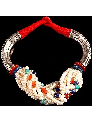 Gemstone Ethnic Necklace (Pearl with Carnelian, Turquoise and Lapis Lazuli)
