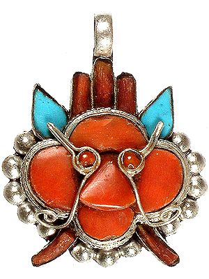 Gemstone Mahakala Pendant (Coral and Turquoise)