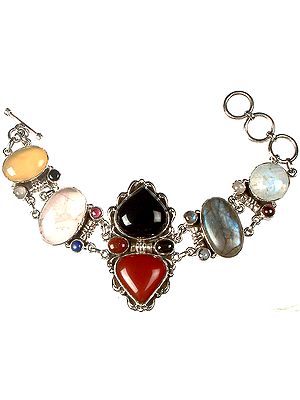 Gemstone Marvel Bracelet (Yellow Chalcedony, Rose Quartz, Black Onyx, Carnelian, Labradorite and Rainbow Moonstone with mm Sized Black Onyx, Grey Moonstone, Garnet, Lapis Lazuli, Sunstone, Black Onyx, Labradorite, Rose Quartz and Garnet)
