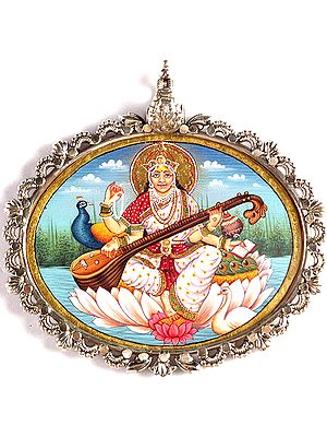 Goddess Saraswati Seated on a Lotus in Cosmic Waters with Peacock and Swan
