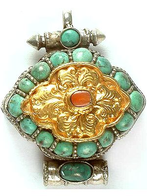 Gold Plated Tibetan Gau Box Pendant with Turquoise & Coral