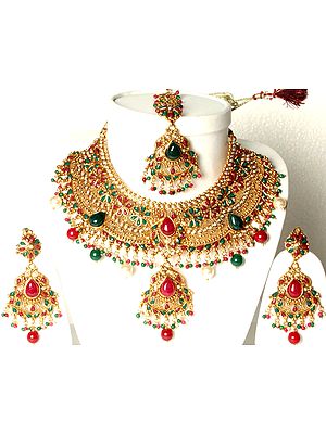 Golden Bridal Set with Necklace, Earrings, and Tika