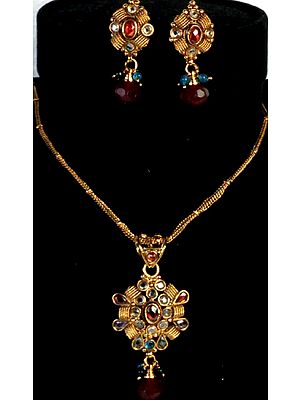 Golden Polki Necklace and Earrings Set with Multi-Color Cut Glass