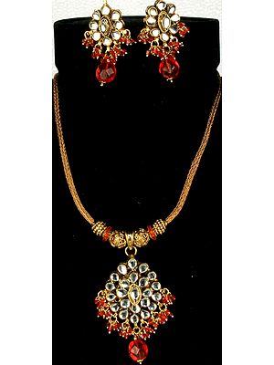 Gold-Plated Kundan Necklace with Orange Cut-Glass Beads and Earrings