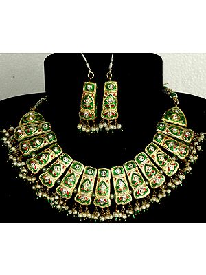 Green and Golden Bridal Necklace and Earrings Set with Cut Glass