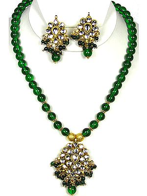 Green Kundan Necklace Set with Glass Beads