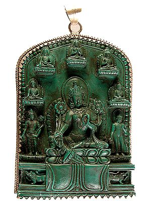 Green Tara Pendant Cum Altar Piece with Five Cosmic Buddhas, Padmapani Avalokiteshvara and Standing Buddha (Carved in Stone)