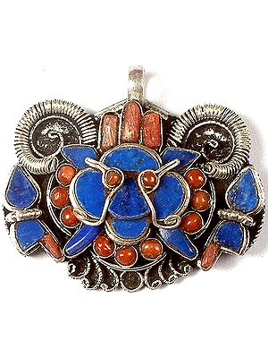Inlay Lapis Lazuli Mahakala Head Pendant with Coral