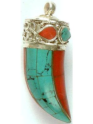 Inlay Turquoise & Coral Tiger Claw Pendant