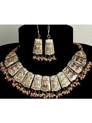Ivory and Golden Bridal Necklace and Earrings Set with Cut Glass