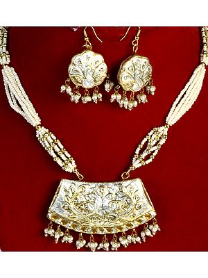 Ivory and Golden Peacock Necklace and Earrings Set with Elephant on Reverse