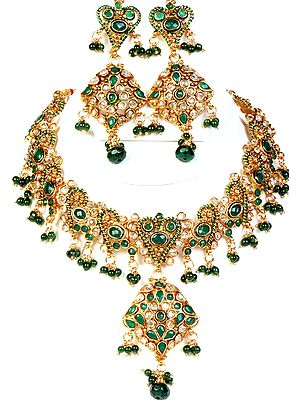 Green Ganga-Jamuna Polki Necklace and Earrings Set with Cut Glass